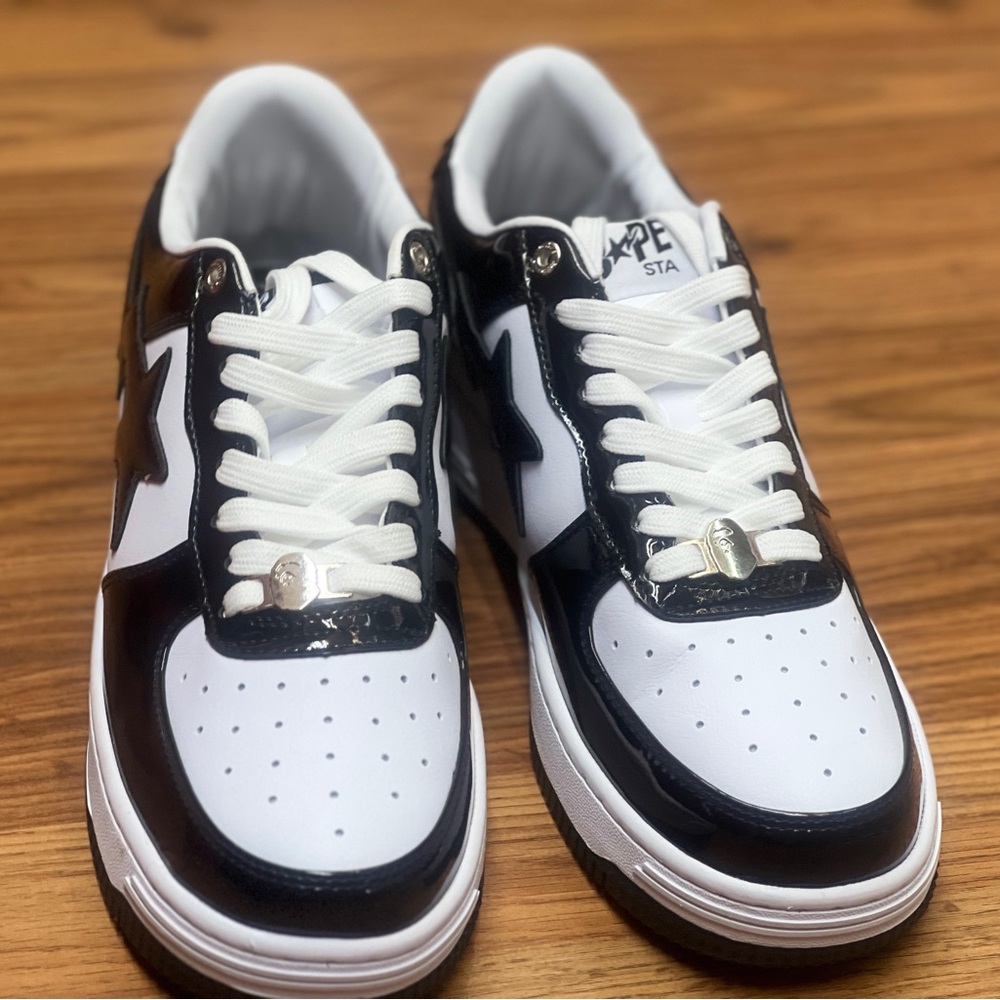 A Bathing Ape Bape Sta Low Black White Patent Leather Sneakers Streetwear Shoes